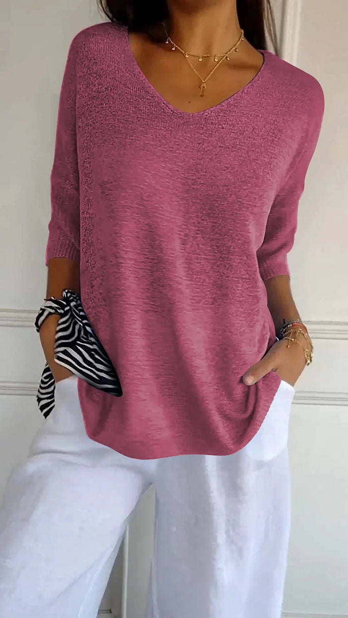 Modisches Damen Stricktop, V-Ausschnitt, locker. Perfektes Sommer-Oberteil für bequeme, elegante Freizeit.