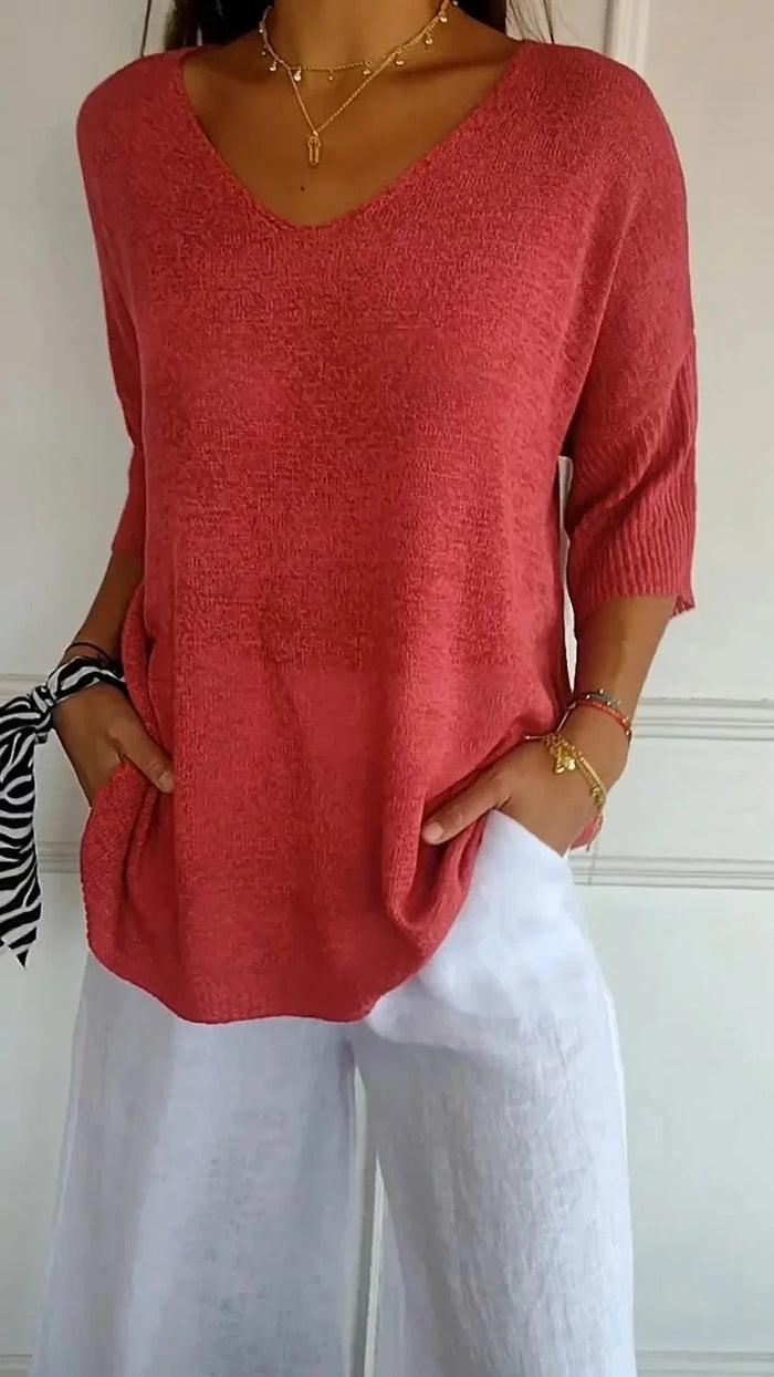 Damen Stricktop mit V-Ausschnitt, lockerem Wohlfühl-Schnitt in elegantem Stil. Ideal für Freizeit & Frühling/Sommer.