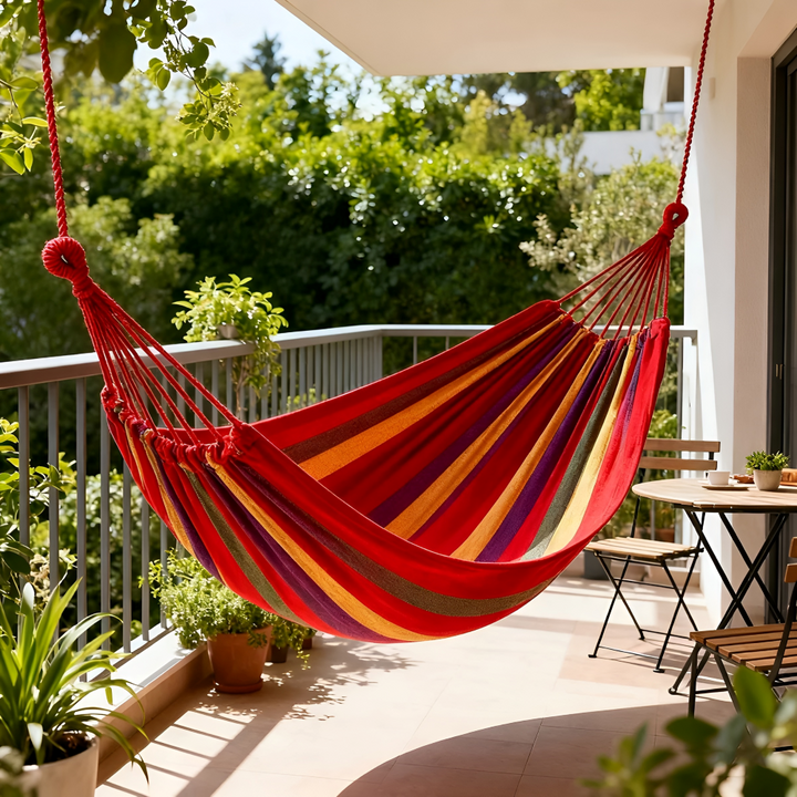 Doppelhängematte aus Baumwolle für zwei Personen, ideal für Garten, Terrasse & Entspannung.