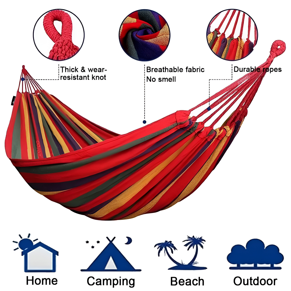Komfortable Outdoor-Hängematte aus Baumwolle, ideal für Garten, Camping & entspannte Momente draußen.