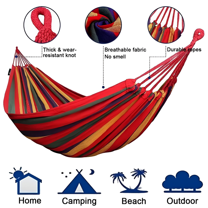 Komfortable Outdoor-Hängematte aus Baumwolle, ideal für Garten, Camping & entspannte Momente draußen.
