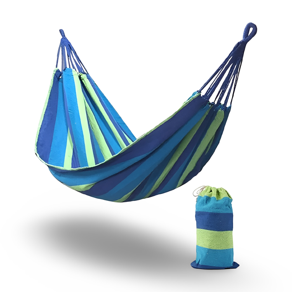 Hochwertige Baumwollhängematte für zwei, ideal als Gartenmöbel oder Camping-Zubehör für Outdoor-Freizeit.
