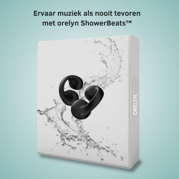 Frau duscht mit wasserfesten In-Ear Ohrhörern, genießt Musik unter der Dusche. Wasserdicht & bequem.