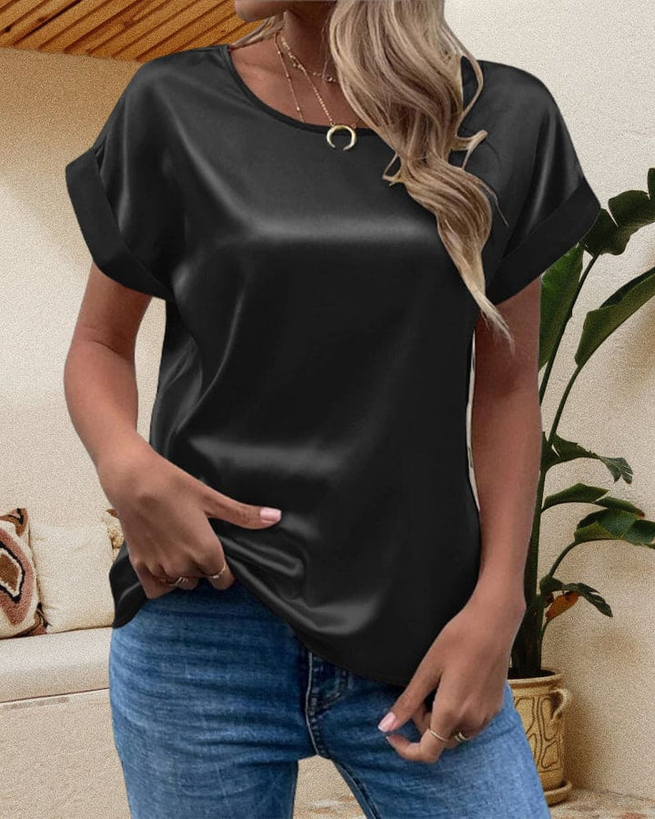 Komfortable Damen Kurzarm Glanz-Bluse mit Rundhalsausschnitt, ideal als schickes Oberteil für Sommer & Frühling.