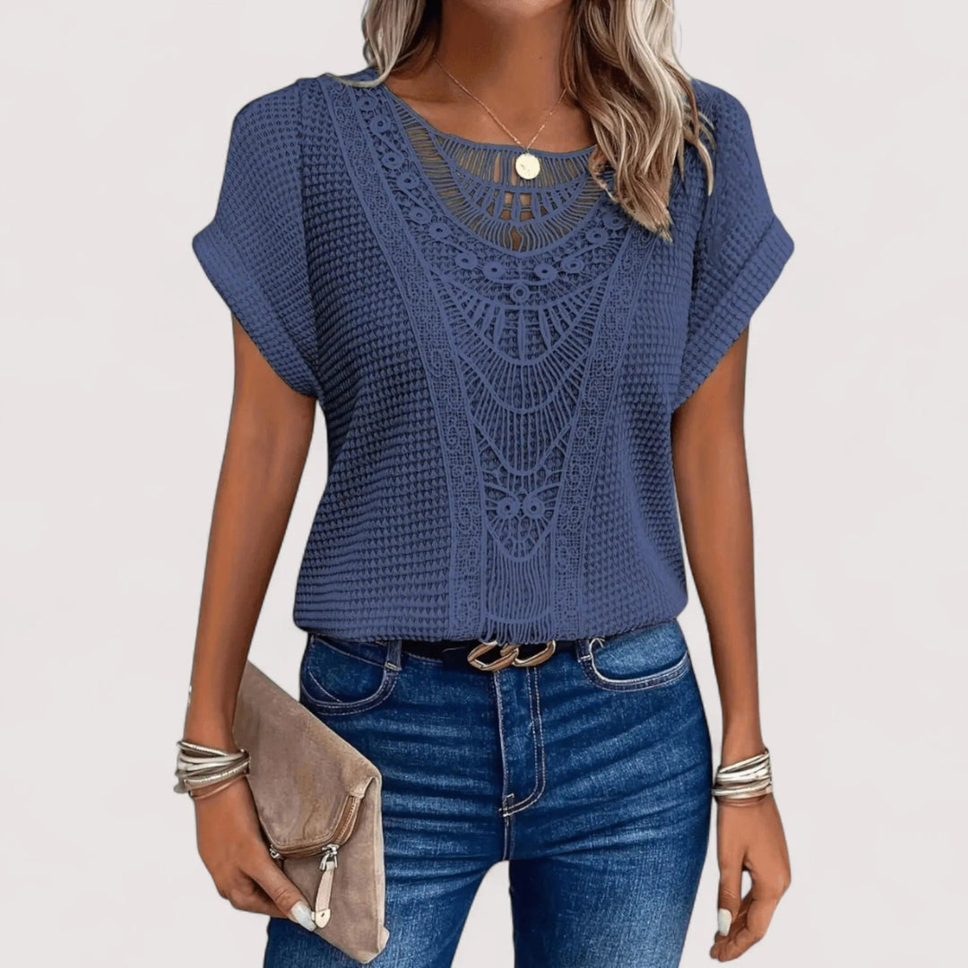 Luftiges Damen Spitzentop mit Waffelstruktur, Kurzarm. Bequem & elegant für Freizeit im Frühling/Sommer.