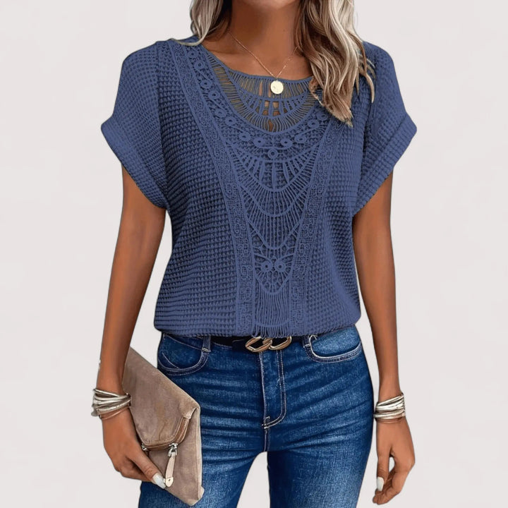 Luftiges Damen Spitzentop mit Waffelstruktur, Kurzarm. Bequem & elegant für Freizeit im Frühling/Sommer.