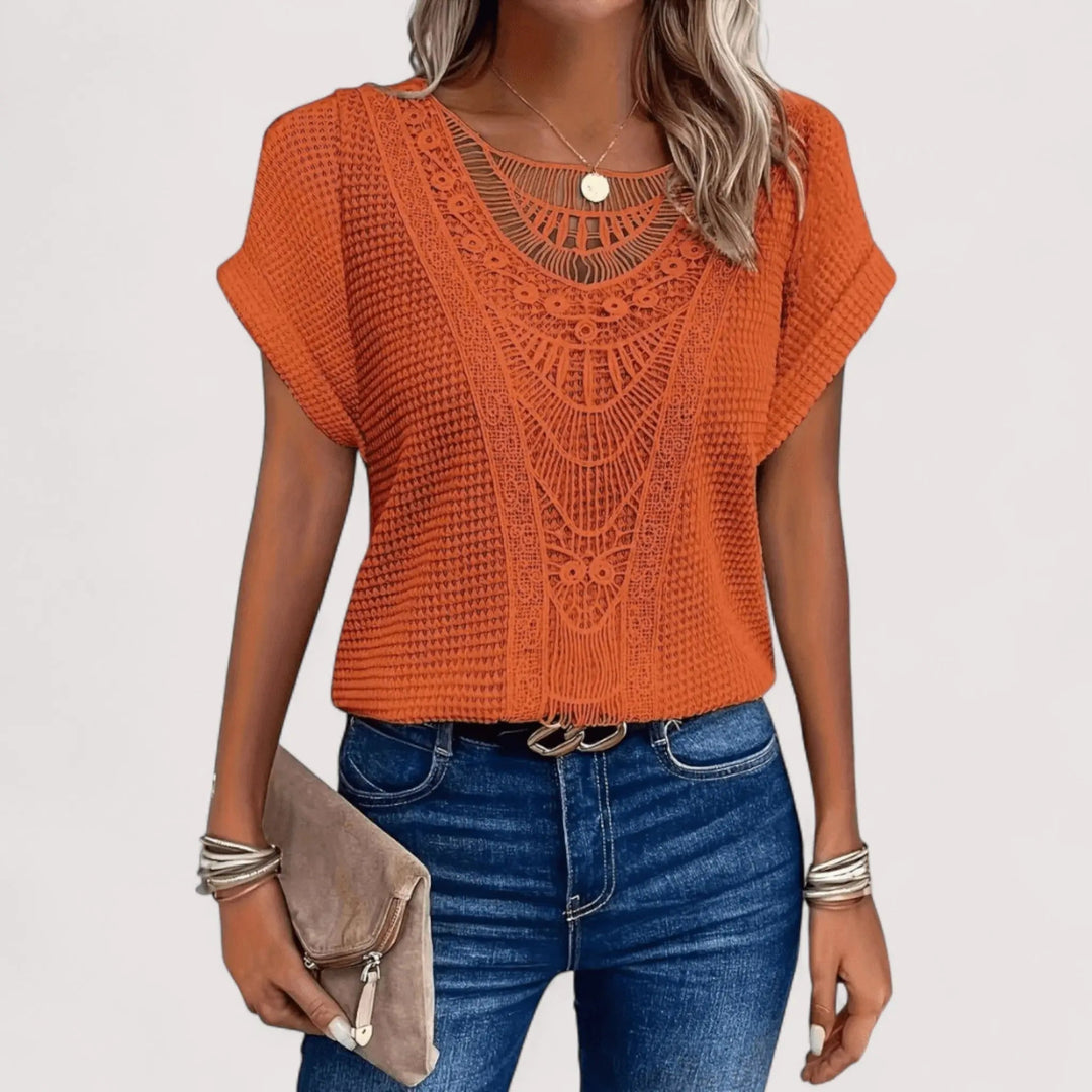 Elegantes Damen Spitzentop, kurzärmelig, mit Waffelstruktur. Perfekt als stilvolles Oberteil im Sommer.