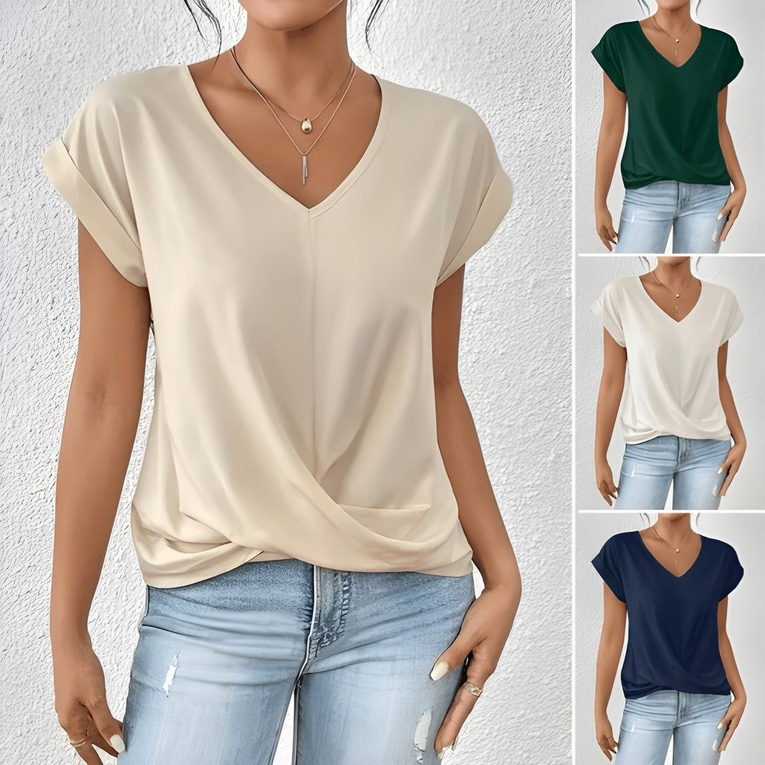 Vielseitiges Damen Kurzarm Top mit V-Ausschnitt und Twist-Front. Ein bequemes und modisches Sommer-Basic.