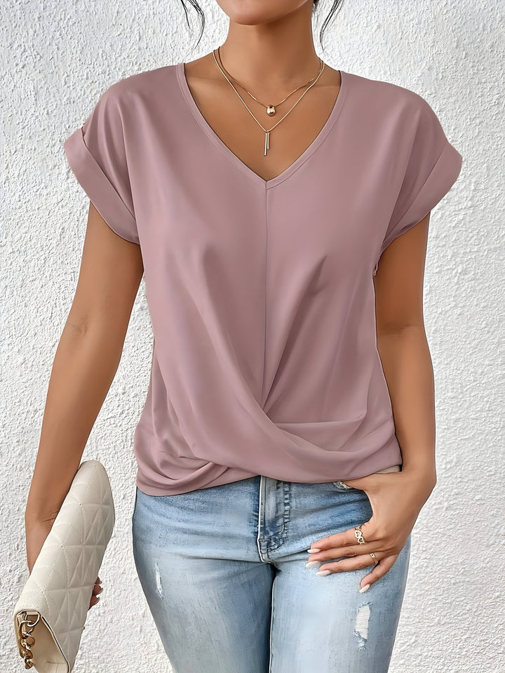 Damen V-Ausschnitt Top mit Twist-Front, kurzärmlig, für eine schmeichelhafte Silhouette. Perfektes Sommer Top.