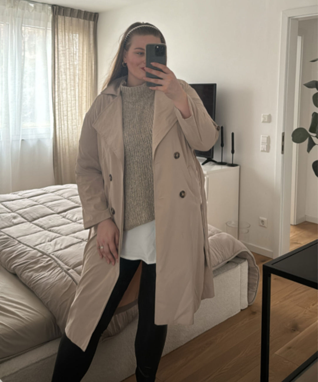 Übergangsmantel für Damen, beiger Trenchcoat in Einheitsgröße, elegant.