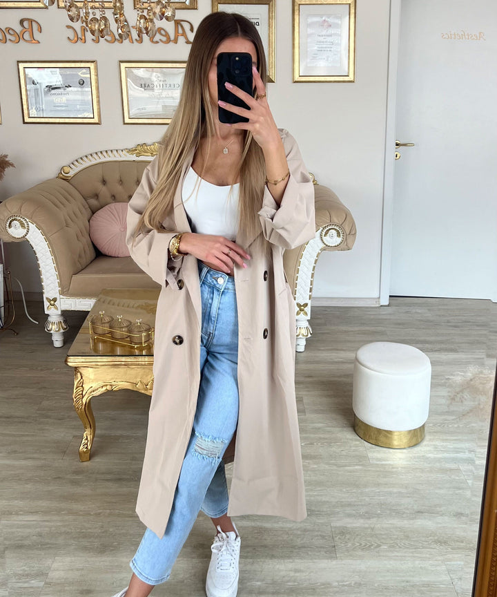 Beiger Damenmantel, leichter Trenchcoat für Frühling und Herbst, elegant.