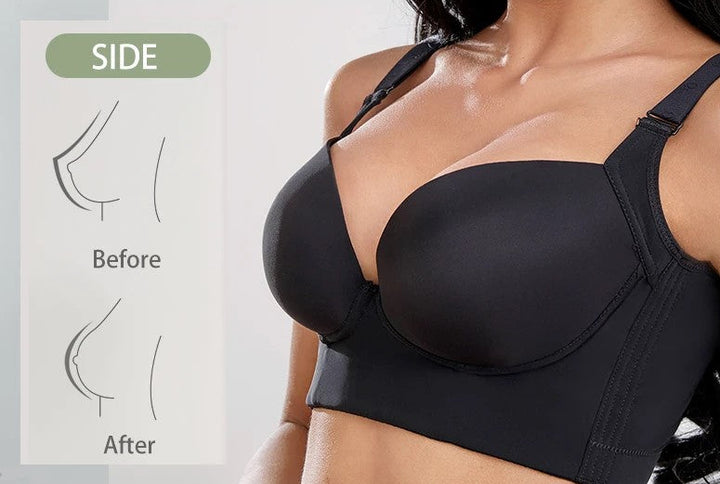 Getragenes Modell: Model präsentiert den schmeichelhaften Lift des Push-up-BHs für Damen in Übergröße.