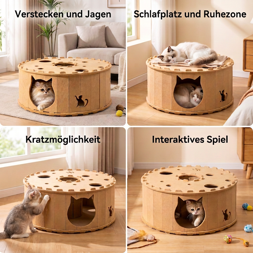 Praktisches 4-in-1 Katzenhaus: Faltbarer Spieltunnel, gemütliche Katzenhöhle und stabiler Kratzbaum.