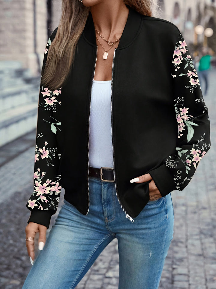 Elegante Damen Übergangs-Bomberjacke mit auffälligem Blumenmuster auf den Ärmeln, perfekt für Herbst.