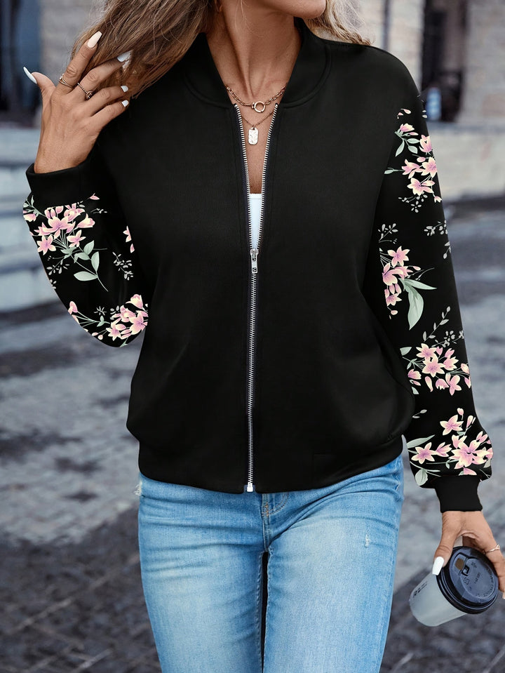 Moderne Damen Übergangsjacke im Bomberstil mit eleganten Blumen-Ärmeln für Frühling und Herbst.