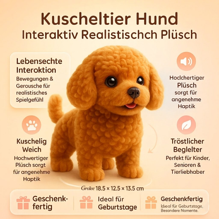 Glückliches Kind spielt mit interaktivem Plüschhund. Realistisches Kuscheltier & weicher Welpe als Spielzeug.