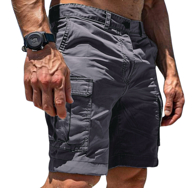 Praktische Herren Cargo Shorts mit vielen Taschen, erhältlich in Grau & Schwarz. Vielseitige kurze Hose für Herrenmode.