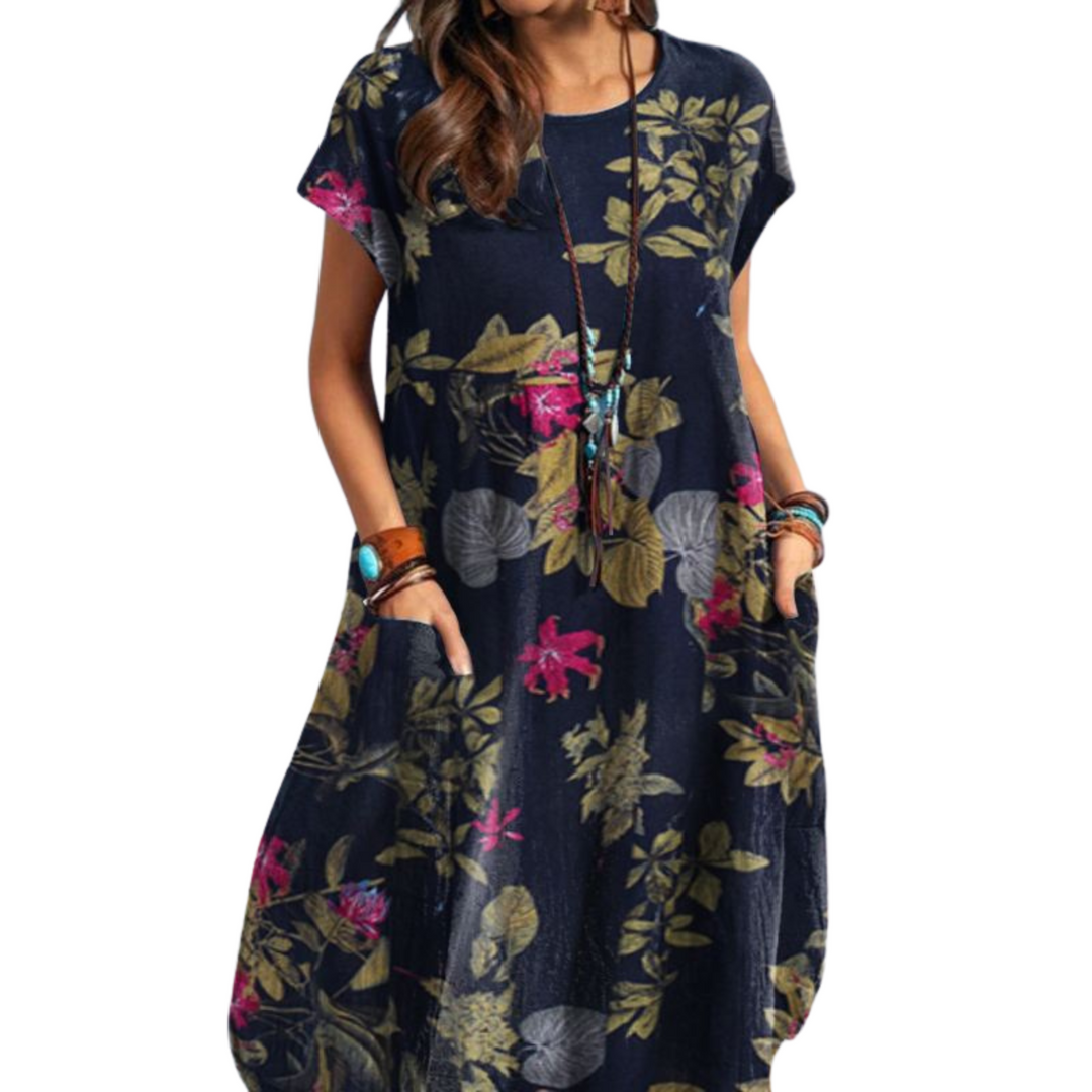 Elegantes Damen A-Linie Frühlingskleid im Vintage-Stil, kurzärmelig, knielang mit Rundhals für Freizeit & Sommer.