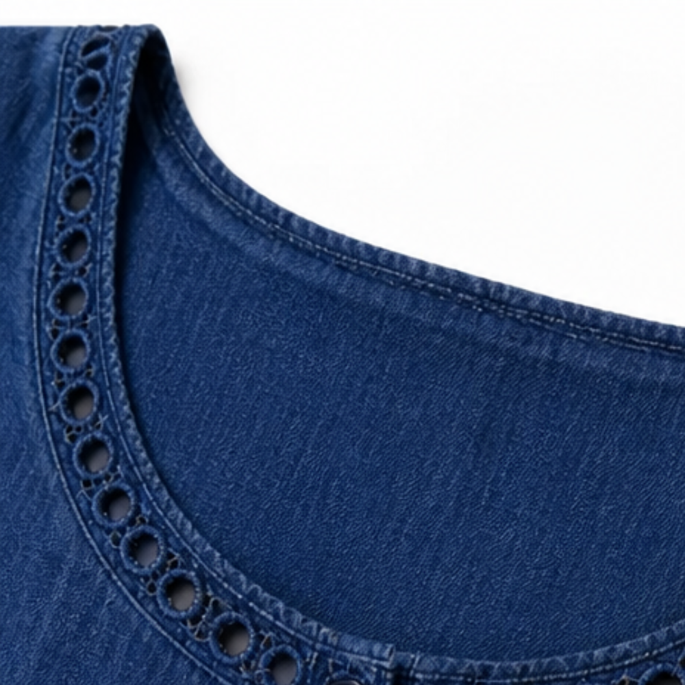 Damen Sommer Midikleid mit Lochstickerei, A-Linie Schnitt. Elegant, bequem und luftig für heiße Tage.