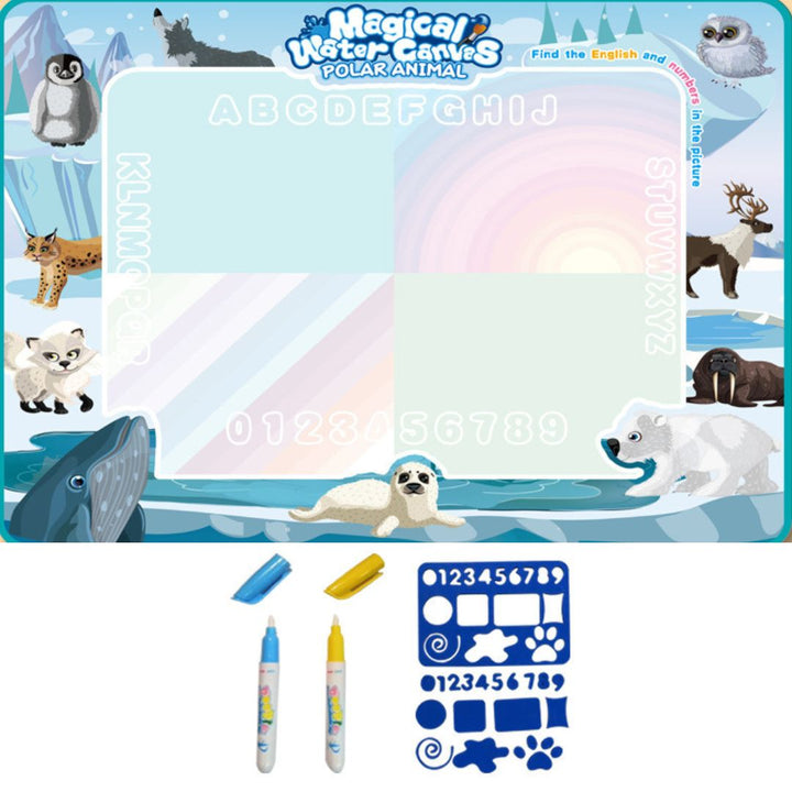 Farbenfrohe Wasser-Malmatte mit Tier- oder Buchstabenmotiven, animiert Kinder zum spielerischen Entdecken.