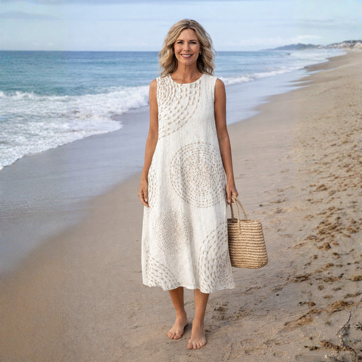 Ärmelloses Casual Retro Midi-Kleid für Damen mit stilvollem Print und Taschen, ideal als Frühlings-Sommerkleid.