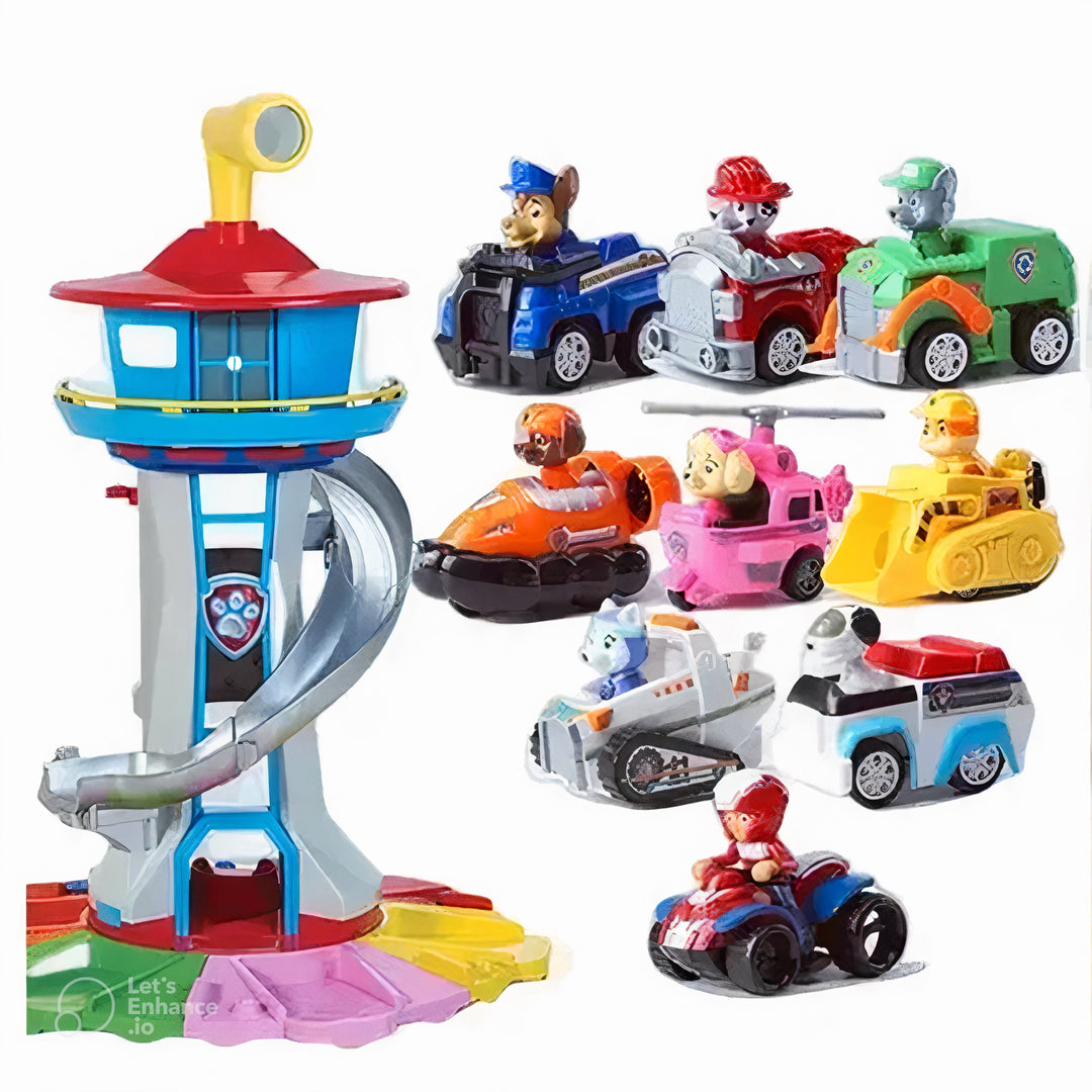 Robustes Indoor- & Outdoor-Kinderspielset mit Rutschenturm und Fahrzeugen. Perfektes Geschenk für Kleinkinder.