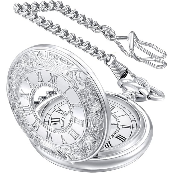 Silberfarbene Vintage Taschenuhr mit robuster Kette, präzises Quarzwerk.