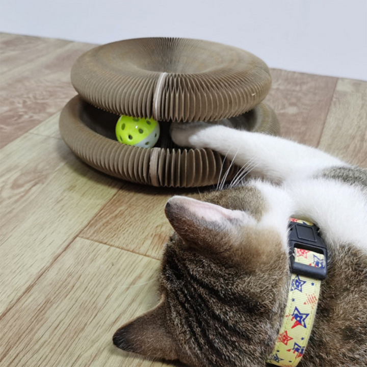 Robustes Katzen Kratzbrett mit integriertem Ballspiel fördert Aktivität und schützt Möbel.