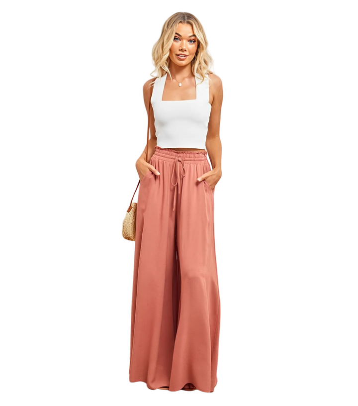 Damen High-Waist Hose mit weitem Bein, elegantem Fall & flexiblem Bund. Ideal für Büro & Freizeit.