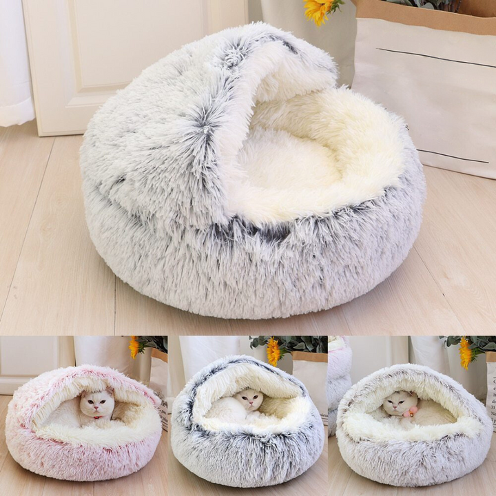 Gemütliche 2-in-1 Katzen Kuschelhöhle in Hellgrau; idealer, warmer Rückzugsort für Katzen.