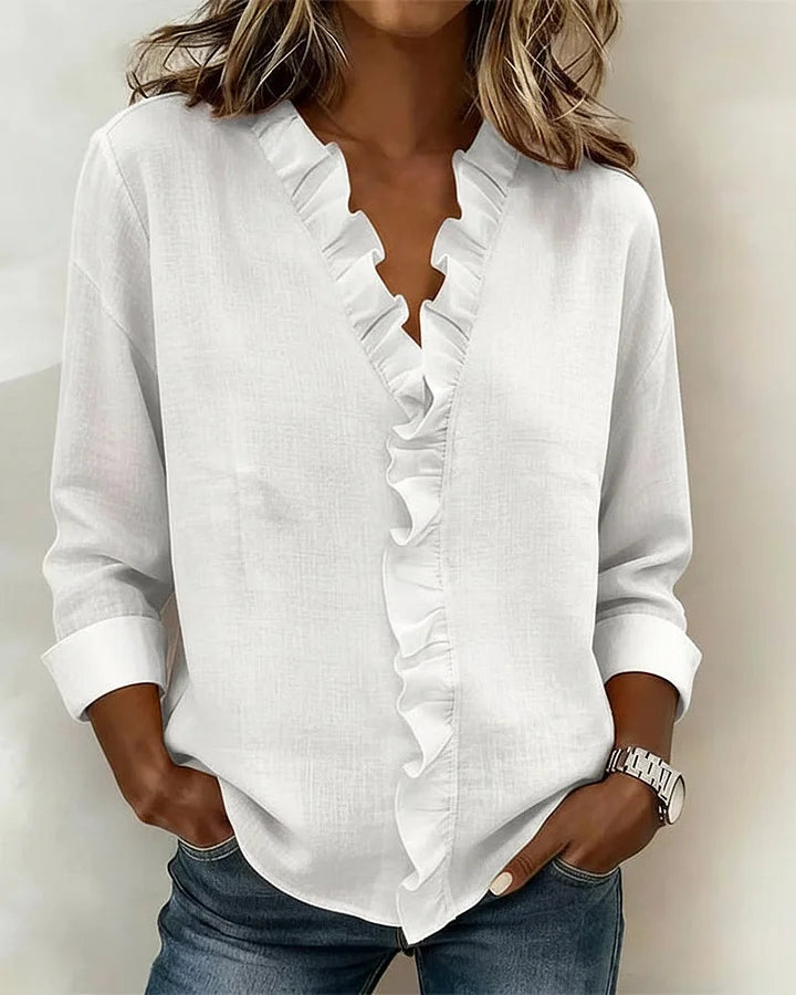 Elegante weiße V-Ausschnitt Rüschenbluse für Damen; Business Casual & stilvolle Freizeitmode. [[lstfy-media:2]]