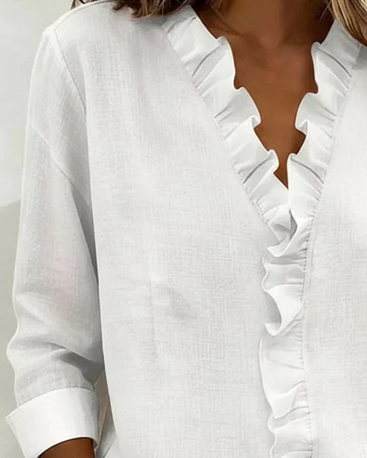 Schwarze elegante V-Ausschnitt Bluse für Damen mit Rüschen; stilvoll & bürotauglich. [[lstfy-media:6]]