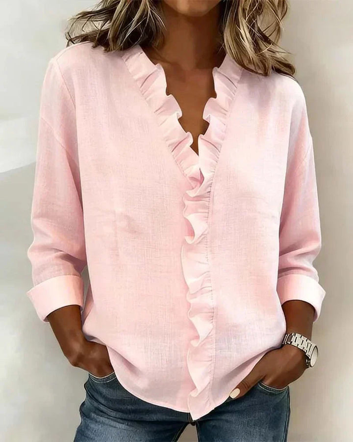 Rosa Damen V-Ausschnitt Bluse mit eleganten Rüschen; femininer Stil für Büro & Freizeit. [[lstfy-media:1]]