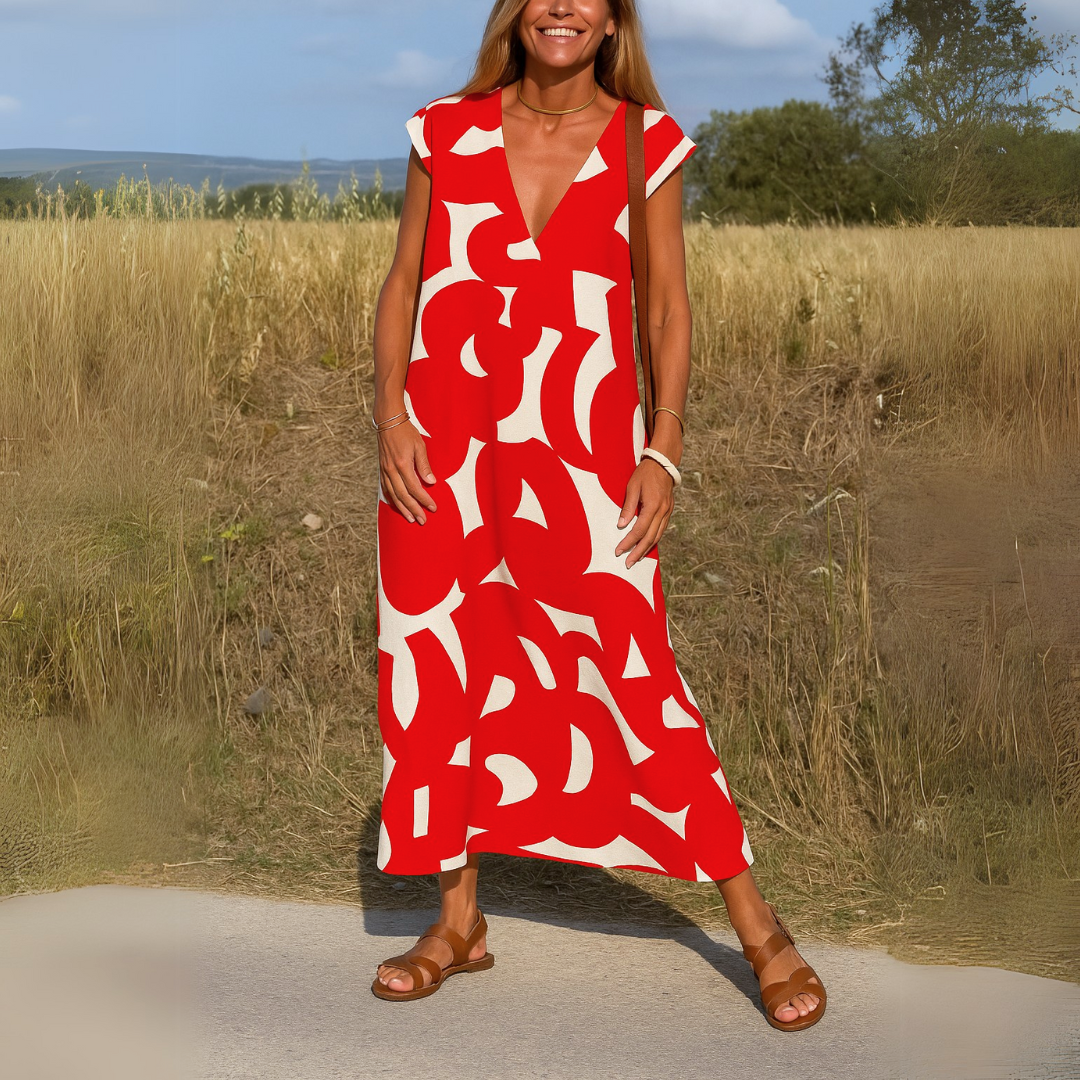 Frühjahr/Sommer Maxikleid für Damen mit V-Ausschnitt, grafischem Design & bequemer A-Linie.