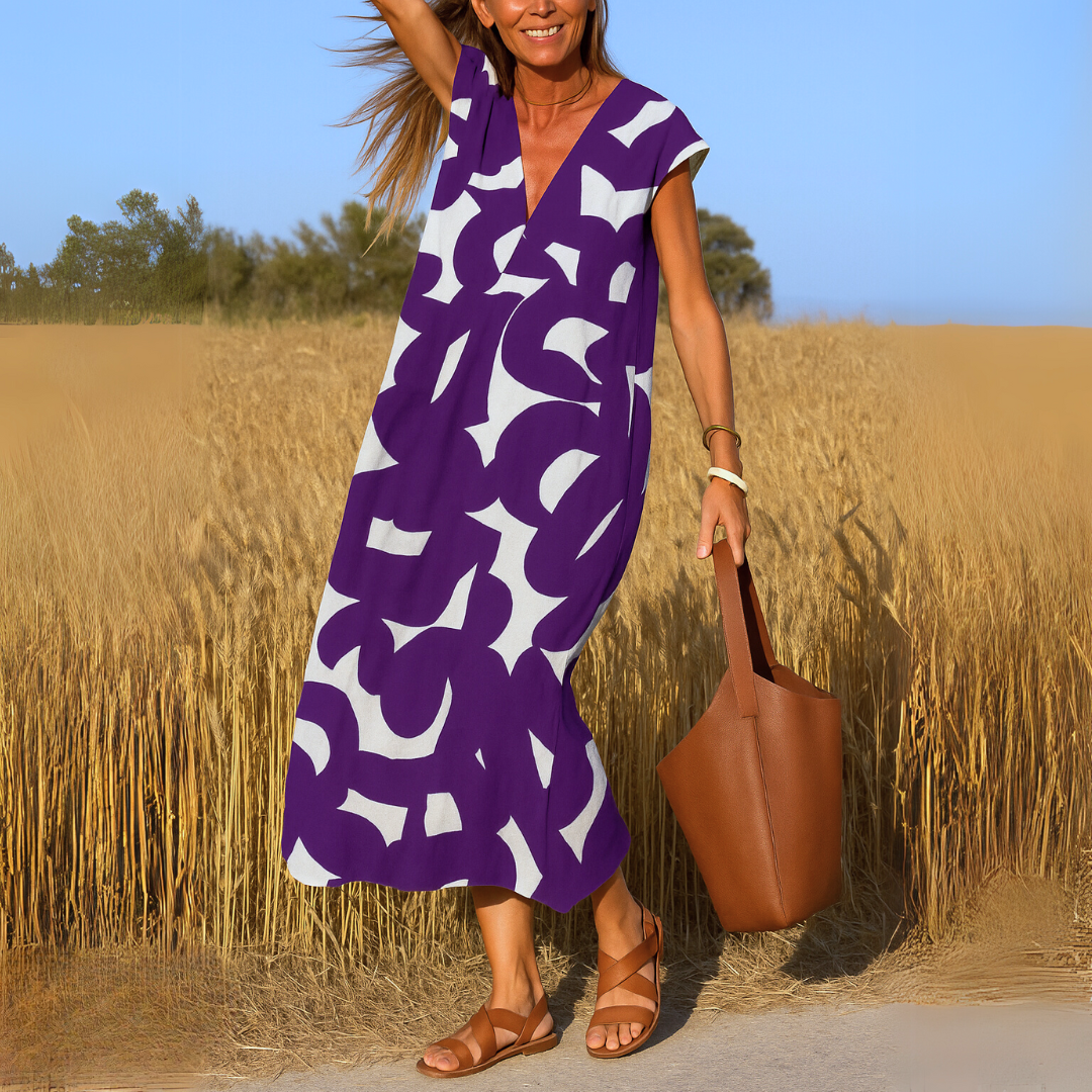 Damen V-Ausschnitt Maxikleid mit grafischem Print, A-Linie und lockerem Schnitt – elegant & bequem.