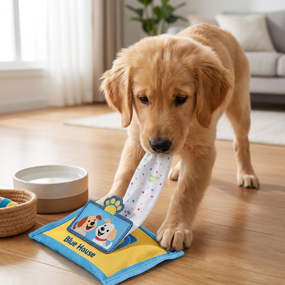 Interaktives Schnüffelspielzeug für Hunde im Tuchbox-Design mit Quietschfunktion fördert Intelligenz und Leckerlisuche.