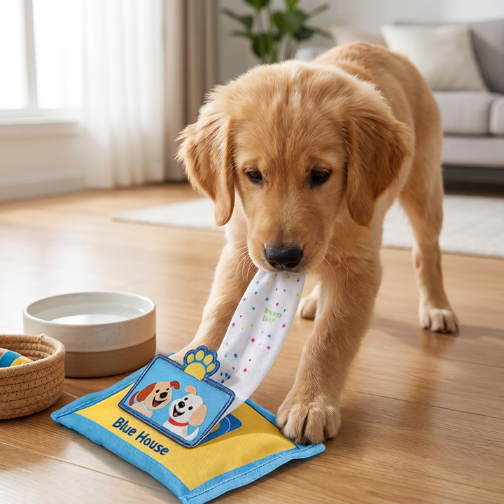 Interaktives Schnüffelspielzeug für Hunde im Tuchbox-Design mit Quietschfunktion fördert Intelligenz und Leckerlisuche.