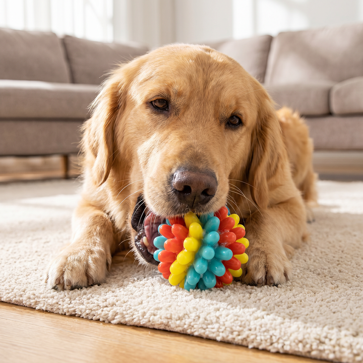 Bunter Gummi-Kauball für Hunde mit reinigenden Noppen; ideales Hundespielzeug für aktives Kauen & Zahnfleischmassage.