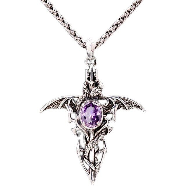 Unisex Vintage Gothic Halskette: Cooler Drachen-Anhänger mit schimmerndem Dämonenkristall als Amulett.