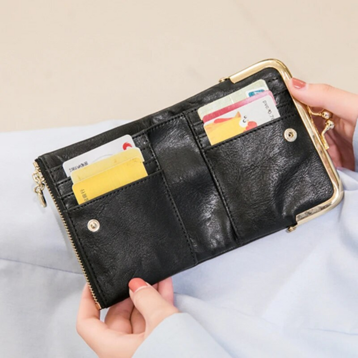 Kompakte Damen Geldbörse, Kussverschluss, Vintage Stil, ideale Geschenkidee für stilbewusste Frauen.