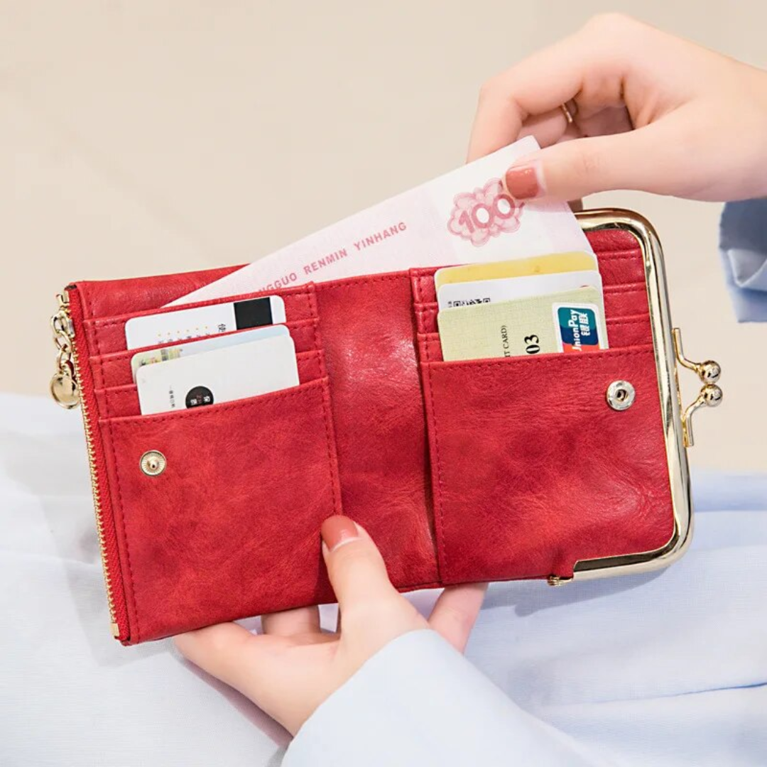 Kurze Vintage Damen Brieftasche mit Kussverschluss, platzsparend und modisch, praktisches Portemonnaie.