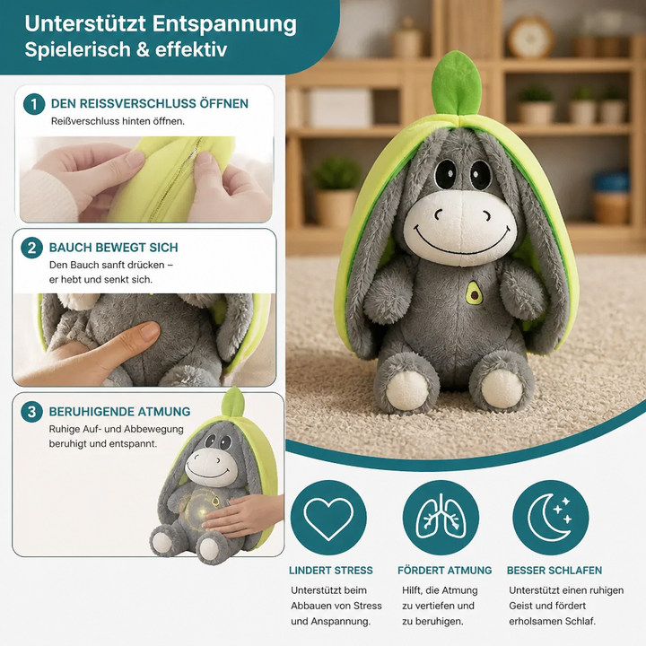 Atmender Esel als Plüschtier für Erwachsene, unterstützt beim Stressabbau & fördert erholsamen Schlaf.