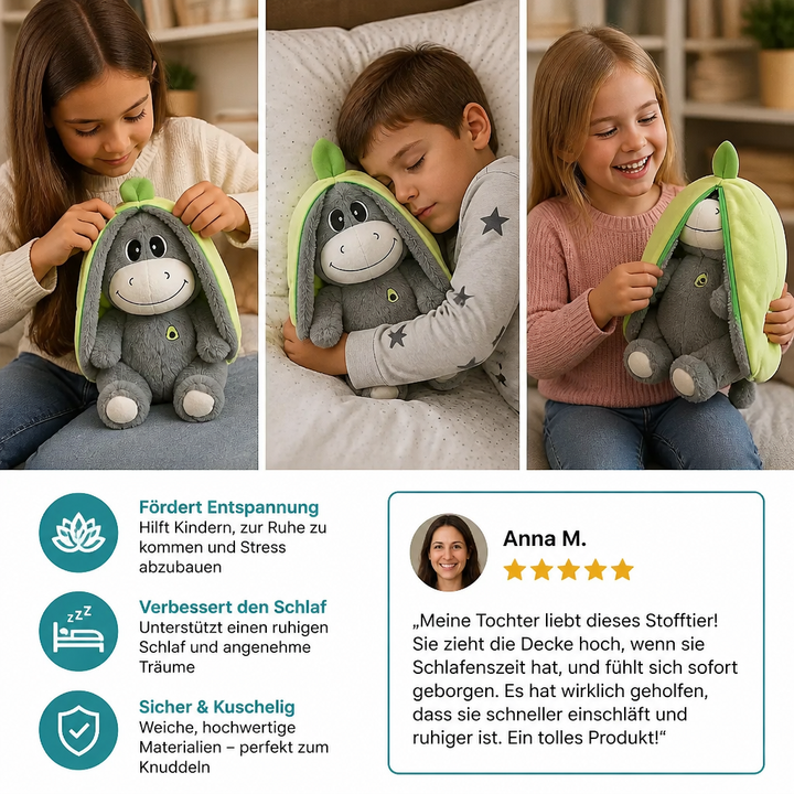 Entspannendes Esel Kuscheltier, ideal für Kinderzimmer, bietet Trost & beruhigt mit Atemfunktion.