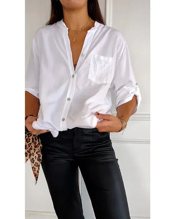 Elegantes weißes Damen Pailletten Top mit Knopfleiste. Ideal für Sommer & Freizeit.