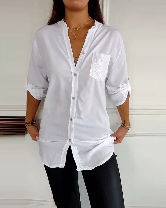 Schwarzes Damen Pailletten Top mit Knopfleiste. Lässiger und eleganter Look für Frauen.