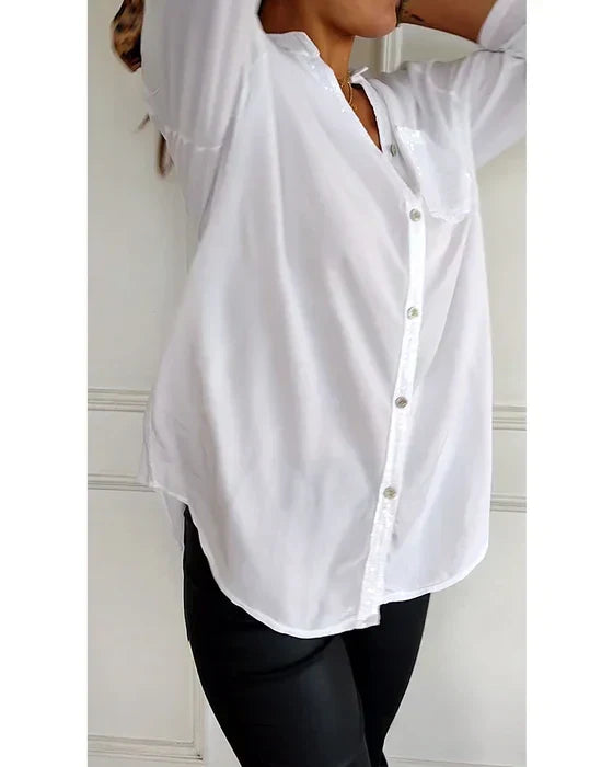 Khaki Damen Pailletten Top mit Knopfleiste. Vielseitiges Sommer Oberteil für Frauen.