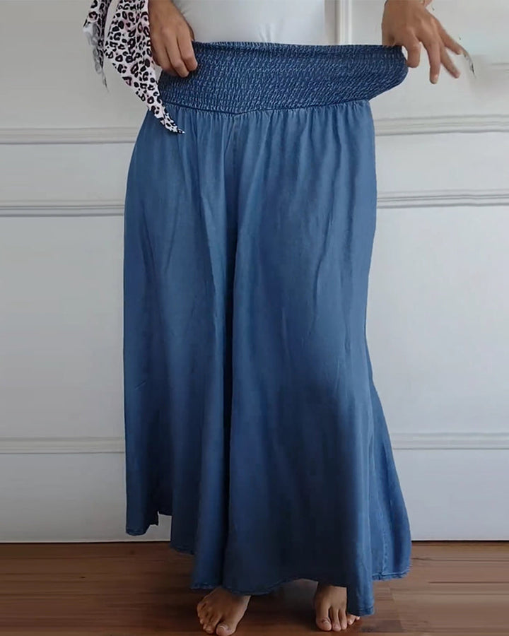 Elegante Damen High Waist Hose mit weitem Bein, Smockbund & Seitentaschen. Lässig und bequem für Frühling/Sommer.