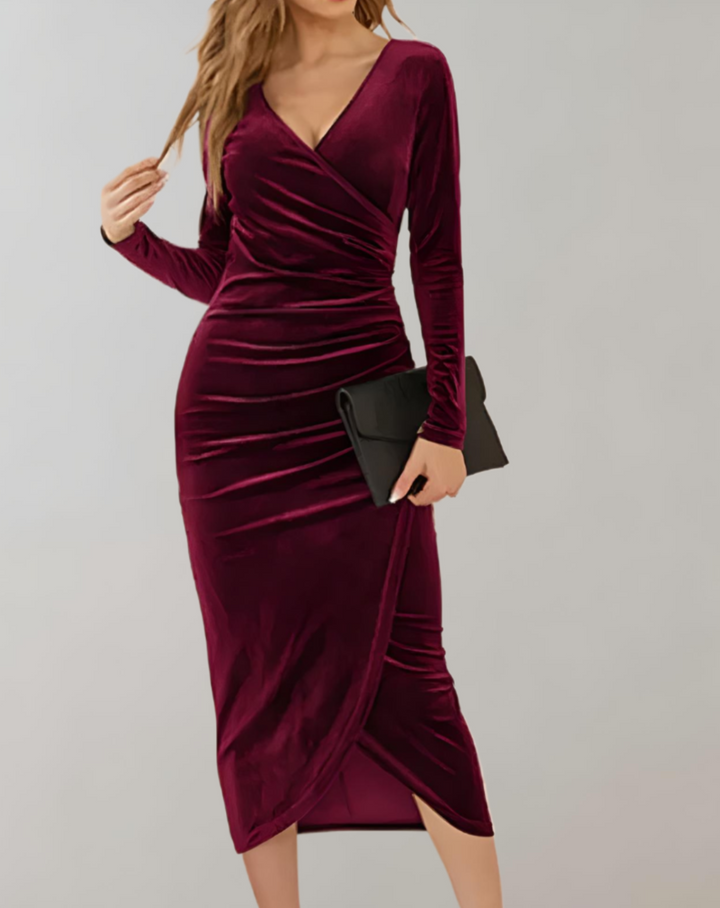 Rotes Damen Wickelkleid mit V-Ausschnitt & Rüschen, ein elegantes Langarm-Partykleid für besondere Anlässe.