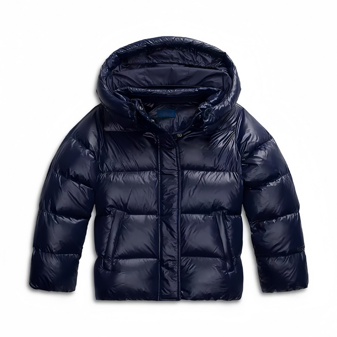 Dunkelblaue Damen Winterjacke mit Kapuze, gesteppt, elegant & warm für Alltag & Outdoor.