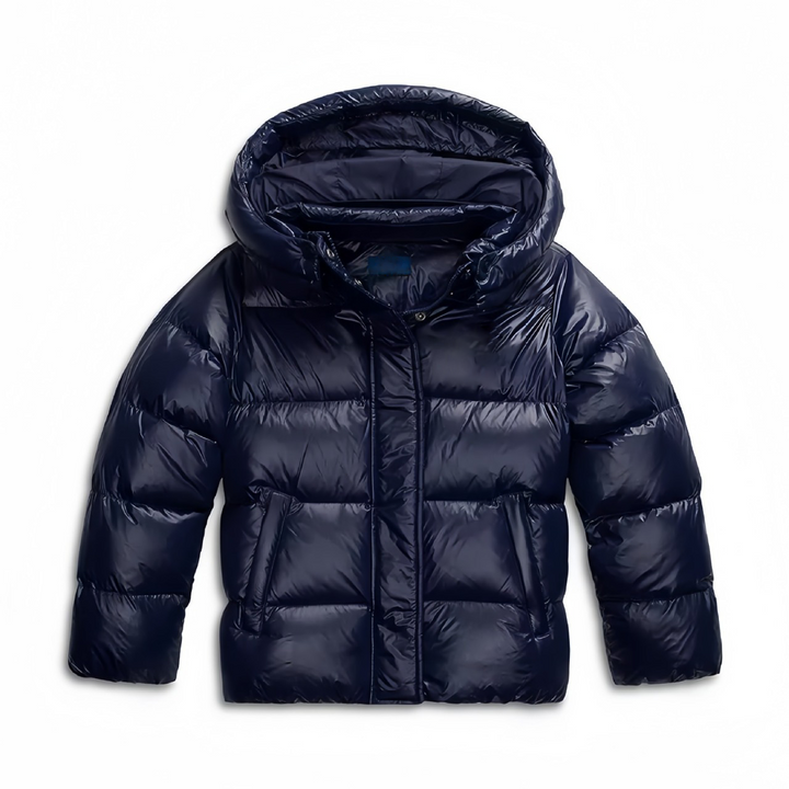 Dunkelblaue Damen Winterjacke mit Kapuze, gesteppt, elegant & warm für Alltag & Outdoor.